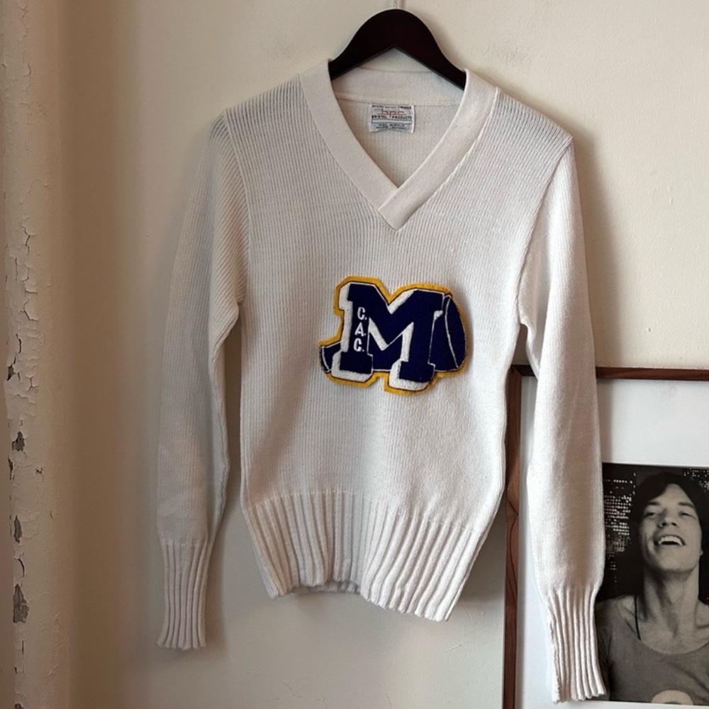 vintage 70s white blue cheerleader sweater retro v neck